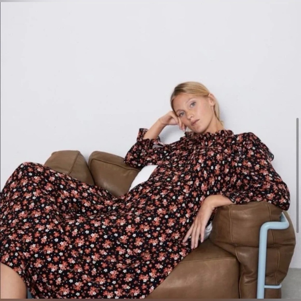ZARA BLACK FLORAL MAXI DRESS LONG SLEEVE BOHO MIDI MAXI SIZE S